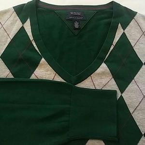 Tommy Hilfiger Men VNeck Argyle Green Gray Sweater